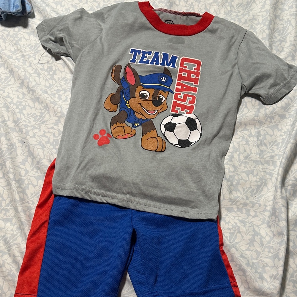 Paw Patrol Gray Tee with Blue and Red Soccer Shorts